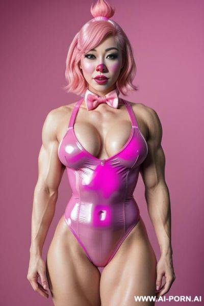 Pink latex bodysuit, pink skin, pink hair, muscular body, female bodybuilder, play bunny, pink bowtie, pink clown nose, pink clown makeup, sexy beautifull clown woman, pink hair, 1, asian, sexy, pink background - ai-porn.ai on pornsimulated.com