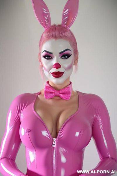 More muscular, pink latex suit, pink makeup, seductive sexy beautifull clown woman, pink clown nose, pink clown makeup, - ai-porn.ai on pornsimulated.com