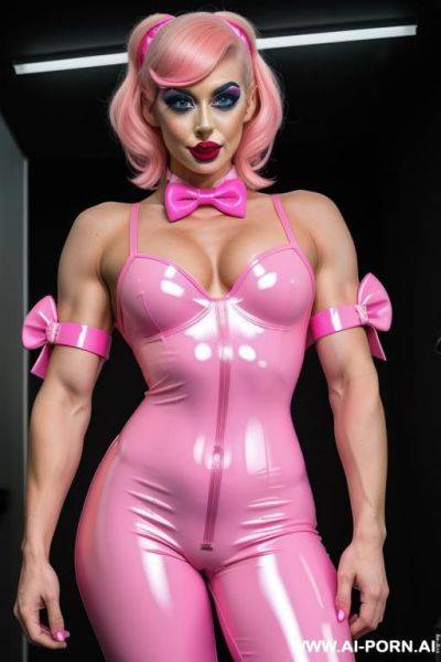 More muscular, fluo pink latex bodysuit, pink bowtie, play bunny, sexy seductive beautifull clown woman - ai-porn.ai on pornsimulated.com