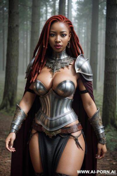 Ultra realistic, beautiful woman, knight, hand behind head, naked breasts, no bra, topless, ornate armor, shoulder armor, skirt armor, dreadlocks hair, redhead, black skin, lipstick, forest, foggy, seductive face, latina, horny, orgasm, cape, bondage - ai-porn.ai on pornsimulated.com