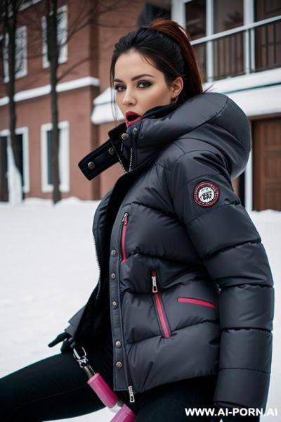 Riding on dildo wearing very thick puffer jacket, orgasm - ai-porn.ai on pornsimulated.com