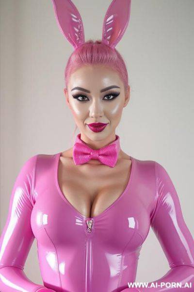 More muscular, fluo pink latex bodysuit, pink bowtie, play bunny, sexy seductive beautifull clown woman, pink makeup, pink clown nose, asian - ai-porn.ai on pornsimulated.com