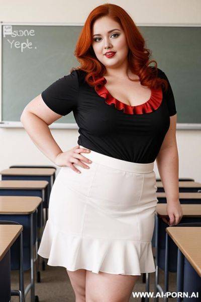 Full body photo shot, about at classroom, chubby fat bbw curvy teacher, wearing a sexy and hot micro red ruffle skirt and elegant micro summer top, speaking to the classroom. - ai-porn.ai on pornsimulated.com