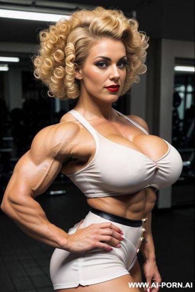 Giant muscular woman, gigantic biceps, huge breasts, ((huge muscles)), massive abs, huge arms muscles, massively muscular, muscular as fuck, - ai-porn.ai on pornsimulated.com