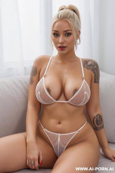 Transparent netted white micro thongs high strings , nipple piercing , blonde pony tail hair, big boobs tattoo, landing strip hairy - ai-porn.ai on pornsimulated.com