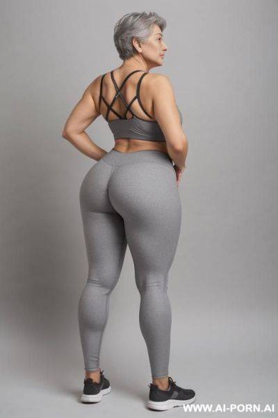 Back view, 0 year old grandmother, full body, standing, short gray hair, very visible age marks, large natural breasts, triangle hips, thick thighs, wearing gray leggings and a short tank top, hands on her waist - ai-porn.ai on pornsimulated.com