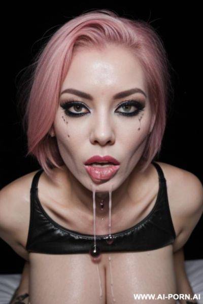 Woman, sucking, deepthroating, cum on face, black tears, unhappy, medium full shot, hand tied, kneeling, look g at viewer, pink hair, clothes ripped - ai-porn.ai on pornsimulated.com