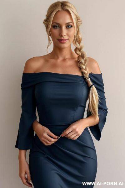 Beautiful 1 woman with blonde hair in a braid over her shoulder wearing a dark blue dress slipping the sleeve off her shoulder - ai-porn.ai on pornsimulated.com