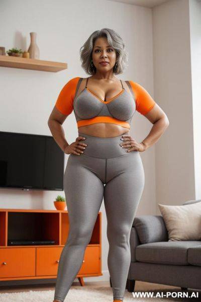 0-year-old grandmother, short gray hair, very visible age marks, full body, standing, triangle hips, thick thighs, hands on hips, wearing orange leggings and bra, living room in front of the television, legs open - ai-porn.ai on pornsimulated.com