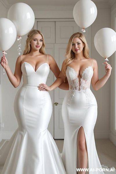 Blonde sexy woman, beautiful face, huge chest, wide hips, hourglass figure, no body fat, wedding dress, white balloons, white room - ai-porn.ai on pornsimulated.com