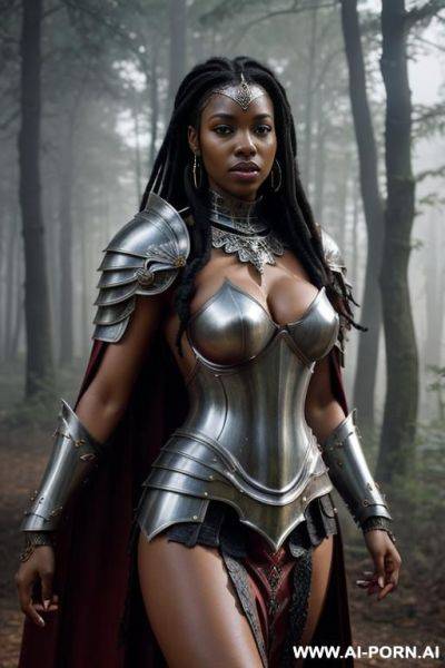 Ultra realistic, beautiful woman, knight, hand behind head, naked breasts, no bra, topless, ornate armor, shoulder armor, skirt armor, dreadlocks hair, forest, foggy, seductive face, black skin, horny, orgasm, cape, sword, shield - ai-porn.ai on pornsimulated.com