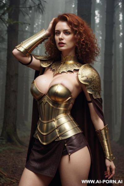 Ultra realistic, beautiful woman, knight, hand behind head, naked breasts, no bra, gold ornate armor, shoulder armor, leather skirt, curly hair, forest, foggy, seductive face, ginger, horny, orgasm, cape - ai-porn.ai on pornsimulated.com