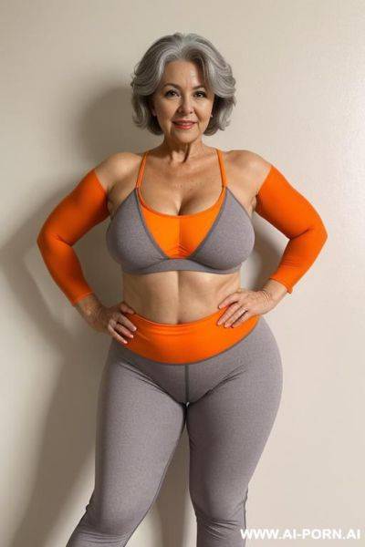 0 year old grandmother, full body, standing, short gray hair, very visible age marks, large natural breasts, triangle hips, thick thighs, wearing orange leggings, topless, hands on her waist - ai-porn.ai on pornsimulated.com