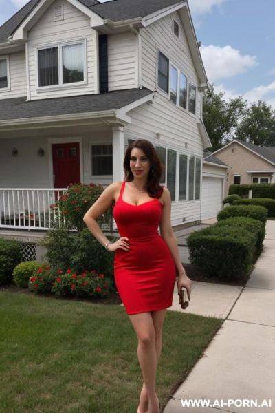 Suburban mom, outside her home, short red dress, pumps - ai-porn.ai on pornsimulated.com