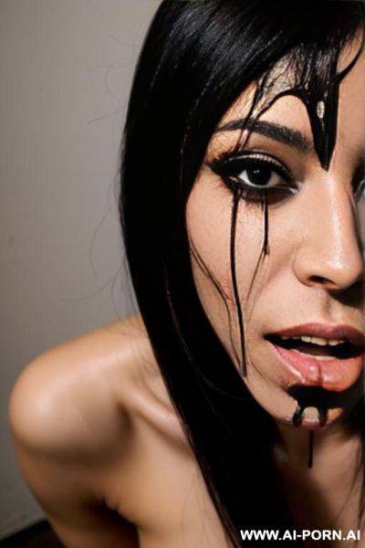 Woman kneeling, sucking bwc with cum on face, unhappy, black tears, hands tied, partially nude - ai-porn.ai on pornsimulated.com