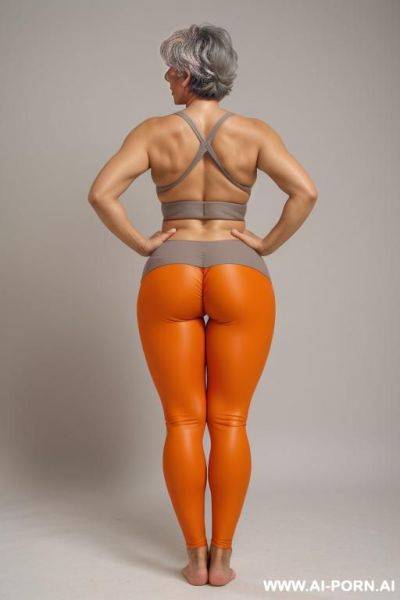 Back view, 0 year old grandmother, full body, standing, short gray hair, very visible age marks, large natural breasts, triangle hips, thick thighs, wearing orange leggings, topless, hands on her waist - ai-porn.ai on pornsimulated.com