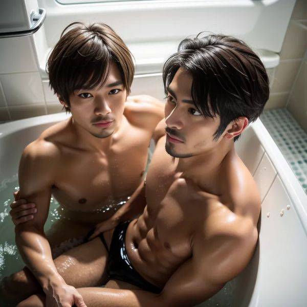 , japanese,(2men:2), manly man,twenties,(RAW photo, best quality, masterpiece:1.1), (realistic, photo-realistic:1.2), ultra-detailed, ultra high res, physically-based rendering,short hair,messy hair,black hair,hair - pornmake.ai - Japan on pornsimulated.com