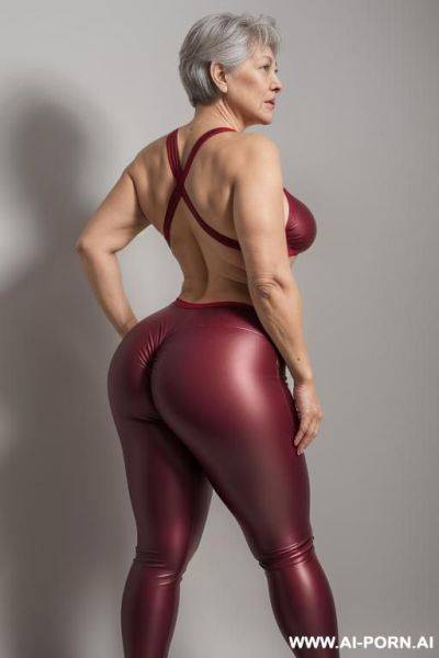 Back view, 0 year old grandmother, full body, standing, short gray hair, very visible age marks, large natural breasts, triangle hips, thick thighs, wearing cherry red leggings, topless, hands on her waist - ai-porn.ai on pornsimulated.com