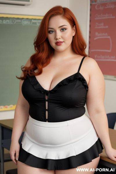 Full body photo shot, about at classroom, chubby fat bbw curvy teacher, wearing a sexy and hot micro red ruffle skirt and elegant micro summer top, speaking to the classroom. - ai-porn.ai on pornsimulated.com