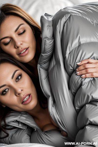 (((two suburb momy lying in bed hugging each other wearing very thick puffer jackets))) - ai-porn.ai on pornsimulated.com