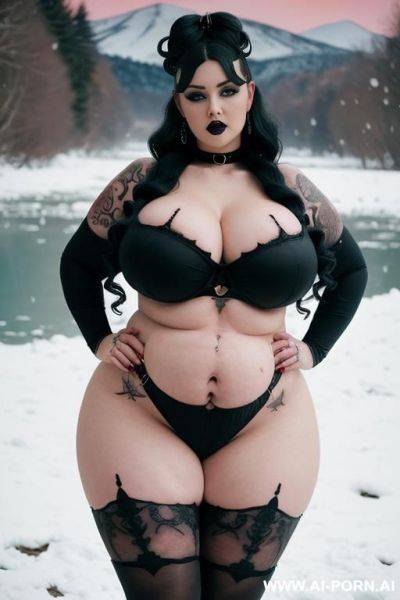 Beautiful gothic bbw, pretty bbw face, big round ass, (((extremely big hips))), massive tits, gigantic areolas, (((lots of cum on body))), stockings, nude, gothic accessories, (((slut tattoos))), snow winter river at sunrise, (((creative hairstyle))) - ai-porn.ai on pornsimulated.com