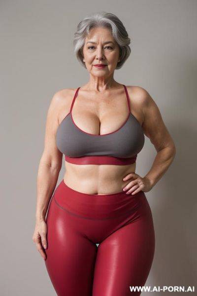 0 year old grandmother, full body, standing, short gray hair, very visible age marks, large natural breasts, triangle hips, thick thighs, wearing cherry red leggings, topless, hands on her waist - ai-porn.ai on pornsimulated.com