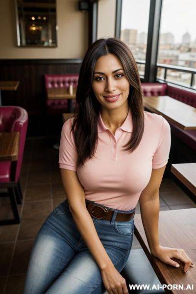 Pink polo, belt, denim jeans, high heels, sitting in a restaurant - ai-porn.ai on pornsimulated.com