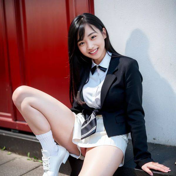 ,woman,twenties,(RAW photo, best quality, masterpiece:1.1), (realistic, photo-realistic:1.2), ultra-detailed, ultra high res, physically-based rendering,long hair,black hair,bangs,black eyes,(grin:1.2),medium ass,tie,high - pornmake.ai on pornsimulated.com