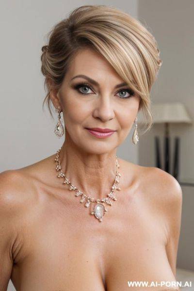 Absolute beauty matured milf, elegant lady, ((updo haircut))) (((hairy pussy))) (strong dark eyeliner) earrings, necklace, direct look into camera, totally naked - ai-porn.ai on pornsimulated.com