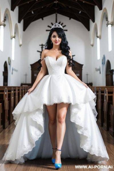 Black hair, curls, princess dress, white dress, wedding dress, white high heels, in the middle of the church, - ai-porn.ai on pornsimulated.com