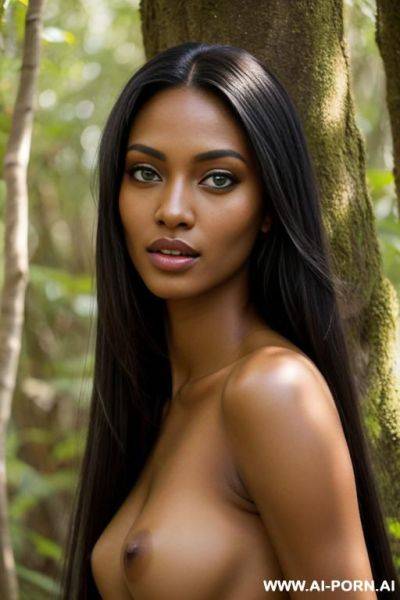 Native princess, absolutely beauty, beautiful face ((green eyes)) light dark skin, very tall, long hair, straight hair, bright light, totally naked, nature - ai-porn.ai on pornsimulated.com