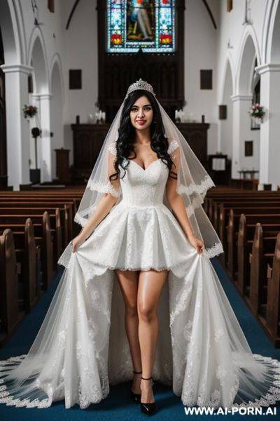 Black hair, curls, princess dress, white dress, wedding dress, you can see panties, white high heels, inside the church, veil, - ai-porn.ai on pornsimulated.com