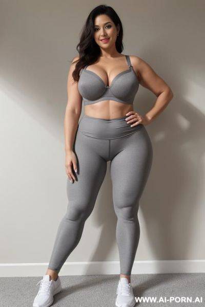 0-year-old grandmother, full body, standing, visible age marks, triangle hips, thick thighs, wearing gray leggings and bra, hands on waist, legs open - ai-porn.ai on pornsimulated.com