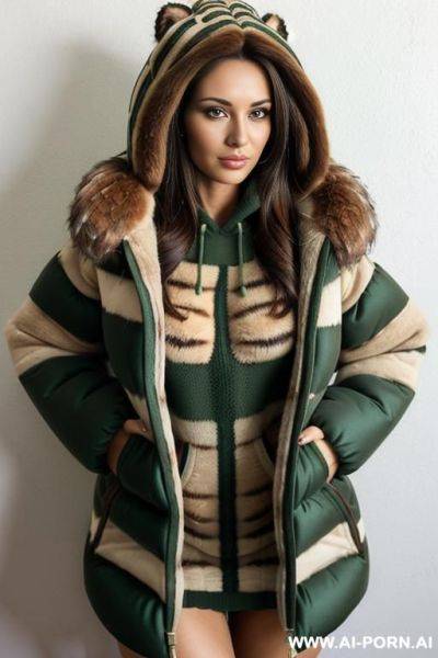 (((brunette wearing a striped pullover and gigantic green puffer coat with brown fur hood))) - ai-porn.ai on pornsimulated.com