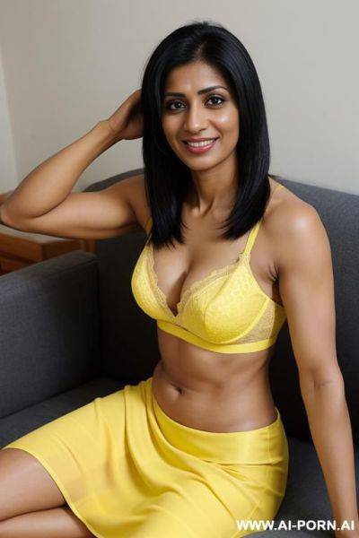 Yellow bra, yellow skirt, looking at camera, side view, smile, muscular arms - ai-porn.ai on pornsimulated.com