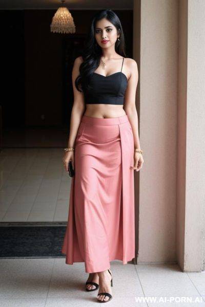 Indian 30 yrs old woman wear long skirt and croptop, ankle strap heels - ai-porn.ai - India on pornsimulated.com