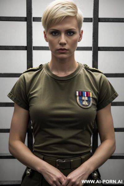 Short haircut military blond no weapon uniform t-shirt serious face full size shot no makeup in jail cage - ai-porn.ai on pornsimulated.com