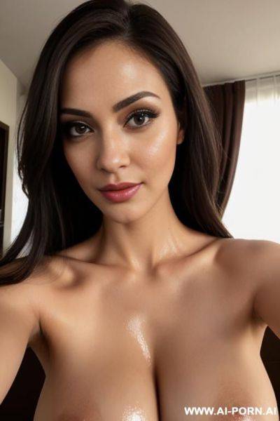 Woman elf take selfie of her pussy in cum, slender body, big tits, shiny light brown eyes, view close-up - ai-porn.ai on pornsimulated.com