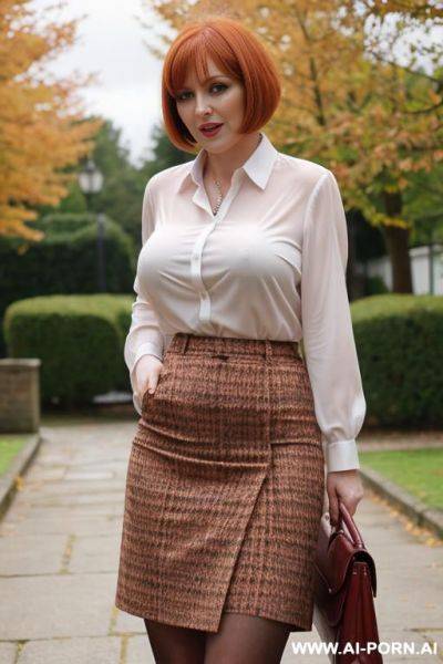 Thick, horny, british milf ginger bobcut standing, park blazer, blouse, skirt, pubic hair, flashing pussy, wet pussy - ai-porn.ai - Britain on pornsimulated.com