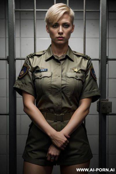 Short haircut military blond no weapon pixel uniform serious face full size shot no makeup in jail cage standing up - ai-porn.ai on pornsimulated.com