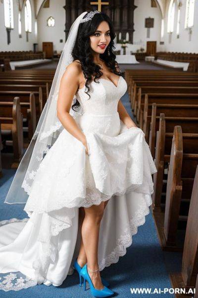 Medium length black hair, curls, white high heels, white dress, wedding dress, you can see her panties, white high heels, inside the church, veil, - ai-porn.ai on pornsimulated.com