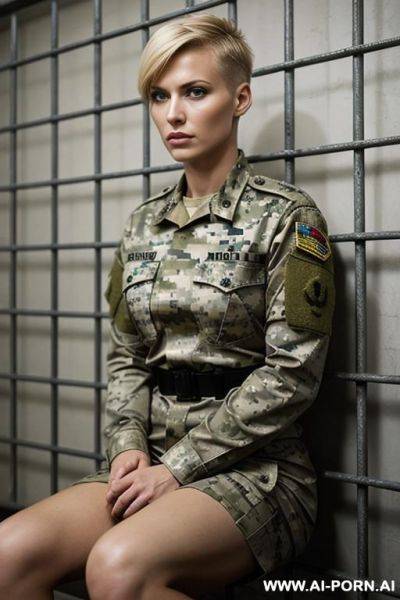 Short haircut military blond no weapon pixel camouflage uniform serious face full size shot no makeup in jail cage sitting - ai-porn.ai on pornsimulated.com