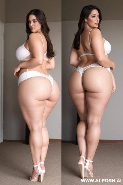 White bbw, waist, sexy big ass, full body frame standing up, wearing only flip-flops, sexy pose, good legs, brunette, skin, sexy feet, looking back at the camera, thick thighs - ai-porn.ai on pornsimulated.com