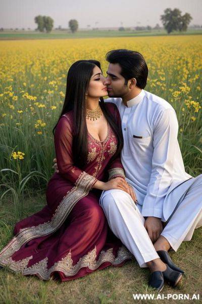 A pakistani couple sitting in the fields in pakistani dress - ai-porn.ai - Pakistan on pornsimulated.com