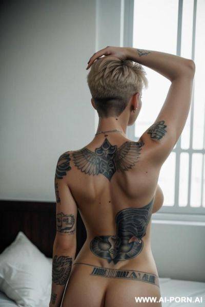 Short haircut military blond no weapon no makeup totally naked tattoo on back on all forth side view on jail bed - ai-porn.ai on pornsimulated.com