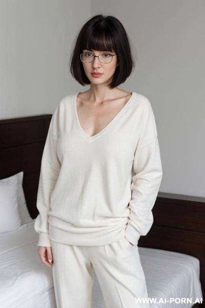 Extremely white skin, natural boobs, average face (strong jaw, glasses), baggy clothes, bedroom, irish woman , woman , showing ass, haircut bangs long, plain face, nerdy - ai-porn.ai - Ireland on pornsimulated.com