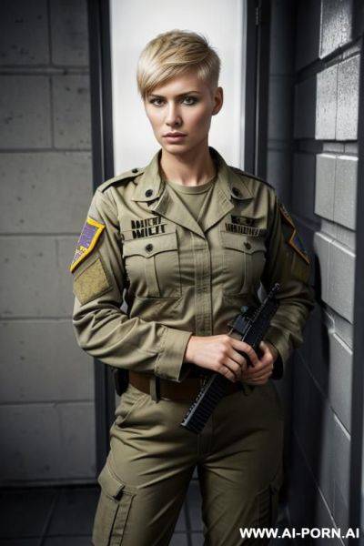 Short haircut military blond no weapon uniform serious face full size shot no makeup in jail cage standing up - ai-porn.ai on pornsimulated.com