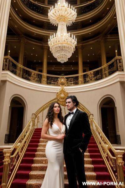 Woman and man on the stairs inside a beautiful opera with gold railings.man: standing with hands in pockets, in an elegant suit, long dark hair, large penis.woman: kneeling and holding her penis in her hand - ai-porn.ai on pornsimulated.com