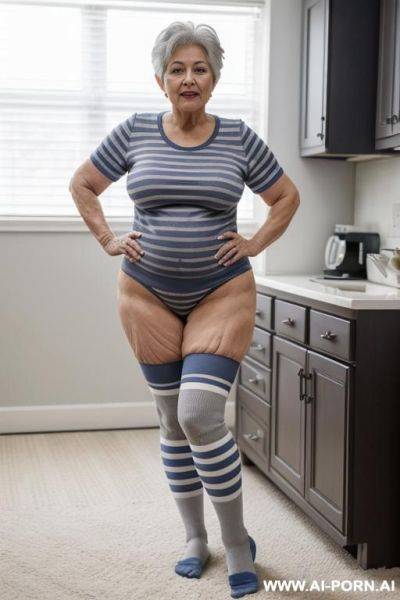 0-year-old grandmother, full body, standing, short gray hair, triangle hips, thick thighs, very visible age marks, wearing a blue striped football shirt, wearing long striped socks, wearing blue panties, hands on her hips, legs open - ai-porn.ai on pornsimulated.com