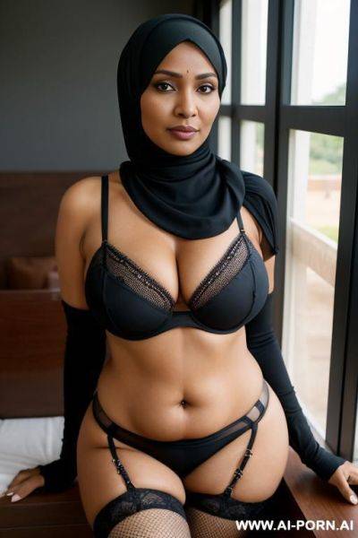 Mu, hijab, indian, milf, short, big boobs, big round ass, stockings, fishnet, cowwoman pose, pov camera angle, seductive face - ai-porn.ai - India on pornsimulated.com